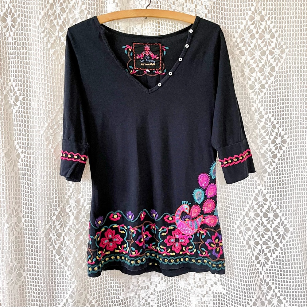 Johnny Was Black Floral Embroidered Tunic Top